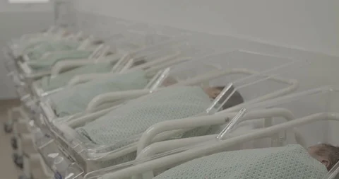 Many unknown newborn babies lying in separated baby hospital bed Stock Footage 127744733