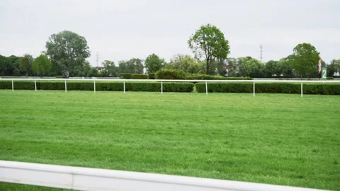 Many unrecognisable jockeys on horseback run to the finish line at the green  Stock Footage 201341871