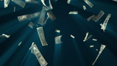 Many usa dollars fall from above, 3d rendering. Computer generated backdrop with Illustrazione stock