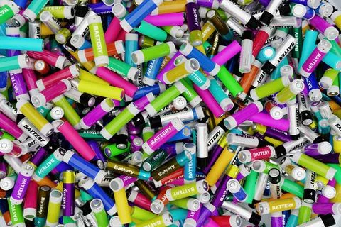 Many used brandless generic AA batteries. 3D rendering. Recycling, conservation Stock Illustration