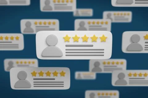 Many user reviews in three dimensions floating. Selective focus. 3d illustr.. Stock Illustration