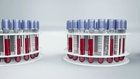 Many vacutainers filled with blood samples in white holders staked on row. 動画素材 105085109