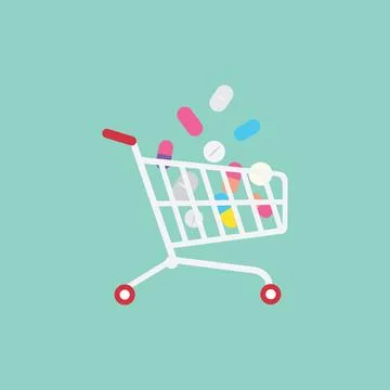 Many various colored tablets and pills are stacked in shopping cart. Stock Illustration