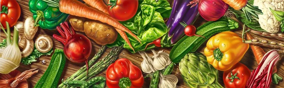 Many vegetables laying on a table Stock Illustration