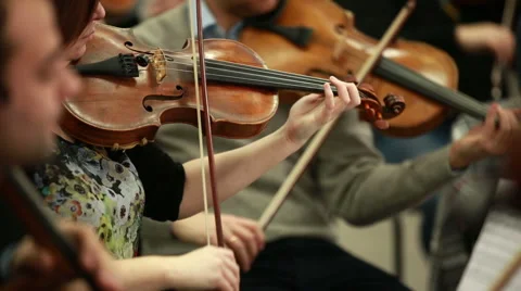 Many violins. Bowed string instrument in the orchestra. Stock Footage 46743323