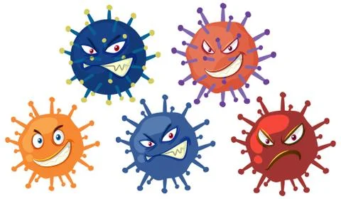 Many virus cells with scary face on white background Stock Illustration