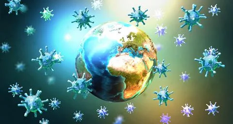 Many virus particles fly around the earth - 3d illustration Stock Illustration