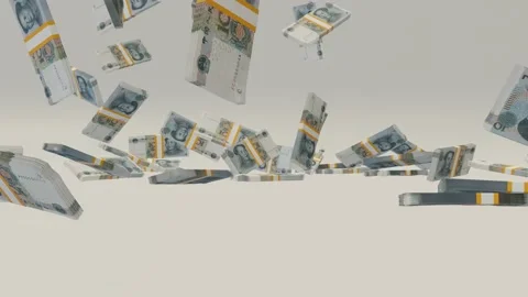 Many wads of money falling on table. 10 Chinese Yuan banknotes. Stacks of money. Stock Footage 172101534