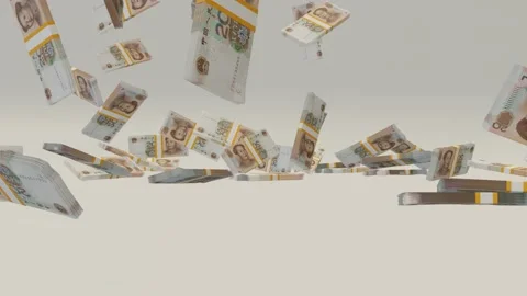 Many wads of money falling on table. 20 Chinese Yuan banknotes. Stacks of money. Stock Footage 172101714