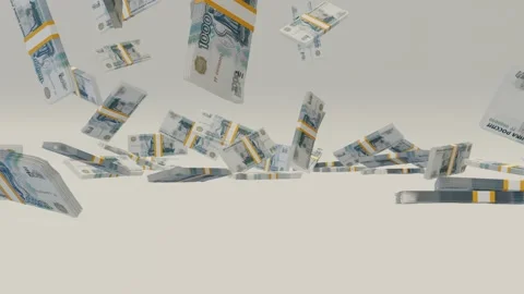 Many wads of money falling on table. 1000 russian ruble banknotes. Stacks of mon Stock Footage 172101763