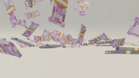 Many wads of money falling on table. 2000 Indian Rupees banknotes. Stacks of mon Stock Footage 172101775