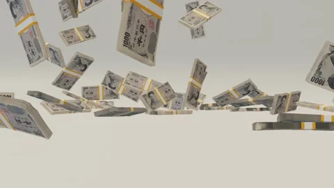 Many wads of money falling on table. 1000 Japanese Yen banknotes.  Stock Footage 172357600