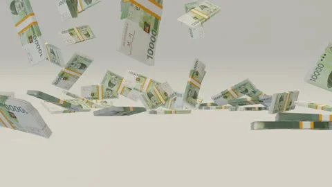Many wads of money falling on table. 10000 South Korean Won banknotes. Stock Footage 172357621