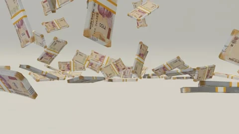 Many wads of money falling on table. 200 Indian Rupees banknotes. Stock Footage 172357631