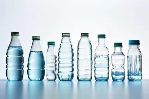 Many water bottles of different sizes are isolated on white background, gen.. Stock Photos