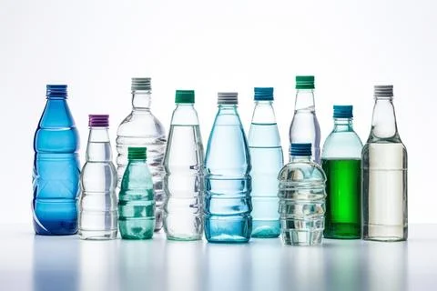 Many water bottles of different sizes are isolated on white background, gen.. Stock Photos