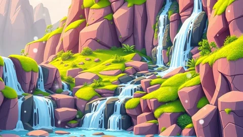 Many Waterfall stream illustration: Lush leaves with waterfall landscape.. Stock Footage 308846738