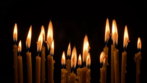 Many wax thin candles burn brightly. Religion concept. Stock-Footage 197041246