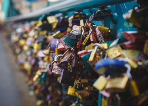 Many wedding locks on the bridge. locks of lovers on the bridge Stock Photos