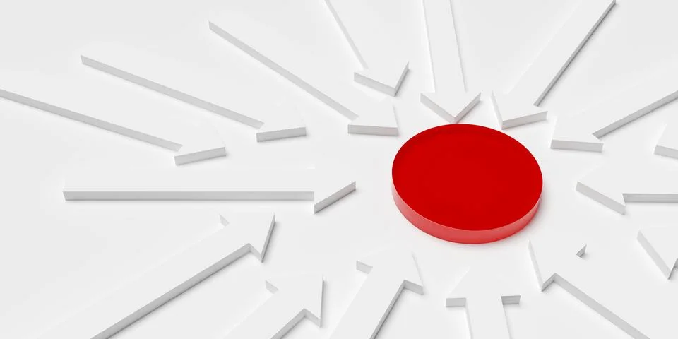 Many white arrows pointing to red center target or goal on white background.. 스톡 일러스트