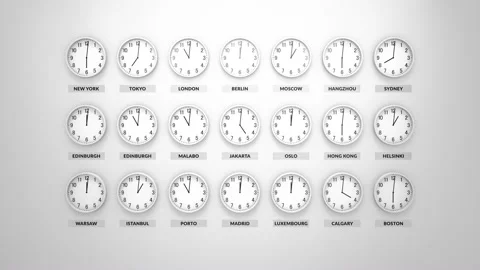 Many white body round clocks are going and showing different time. 動画素材 96302004