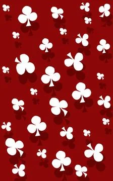Many white clovers on a red background. Clovers card game patern Stock Illustration