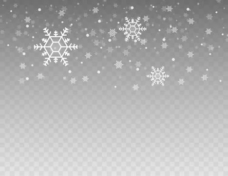 Many white cold flake elements on transparent background. Heavy snowfall, sno Stock Illustration