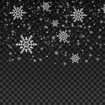 Many white cold flake elements on transparent background. Heavy snowfall, sno Illustrazione stock