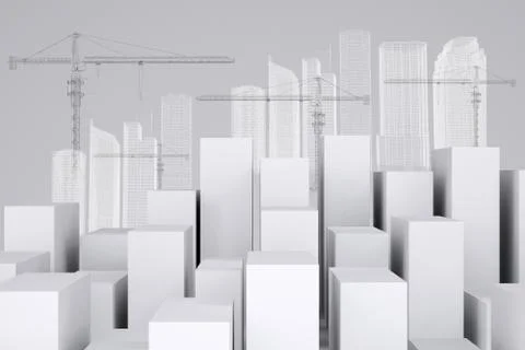 Many white cubes with wire-frame buildings and tower cranes Illustrazione stock