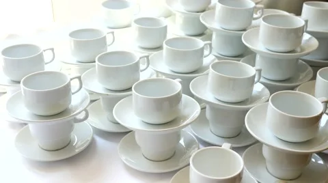 Many white cups for coffee and tea on a banquet table ready for use Stock Footage 51750182