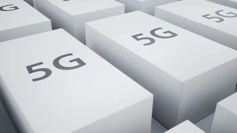 Many white glossy boxes for devices on white background, 5g symbol on top. 動画素材 117852603