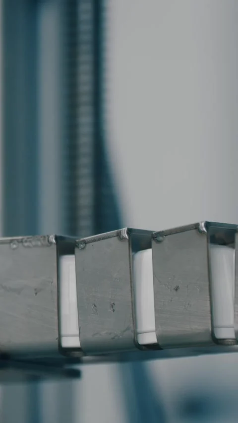 Many white plastic bottle caps falling from conveyor belt. Factory - production Stock Footage 305092365