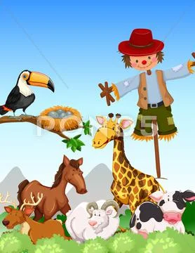 Many Wild Animals And Scarecrow In Thefield