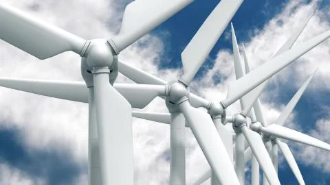 Many wind power generators on sky background. Ilustración de archivo