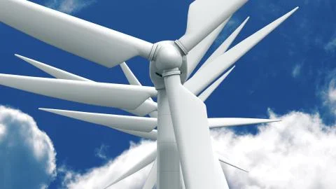 Many wind power generators on sky background. Ilustración de archivo