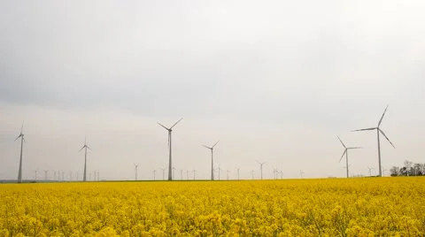 Many windmills rotating during windy spring cloudy day  Stock Footage 62497258