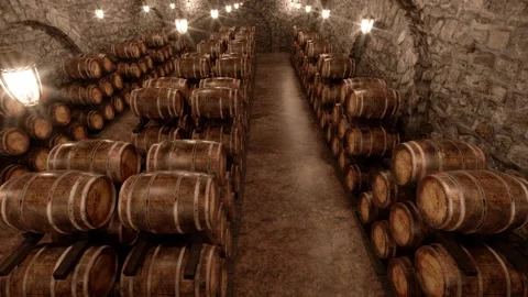 Many wine barrels in a cellar with stone walls Stock Footage 235732057