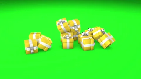 Many yellow gift boxes fall on a green background. Video stock 267583142