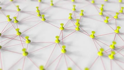 Many yellow pushpins and threads compose a grid on a pinboard. 3D rendering Stock Illustration