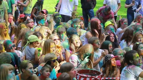 Many young people having fun at the holi color powder festival (Editorial) Stock Footage 66857217