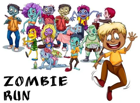 Many zombies chasing human Stock Illustration