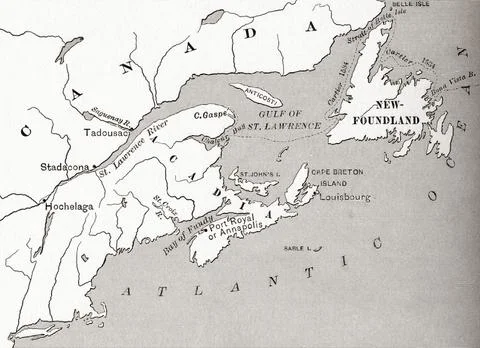 Map Of Acadia, 17th Century Colony Of New France In Northeastern North America, Stock Photos