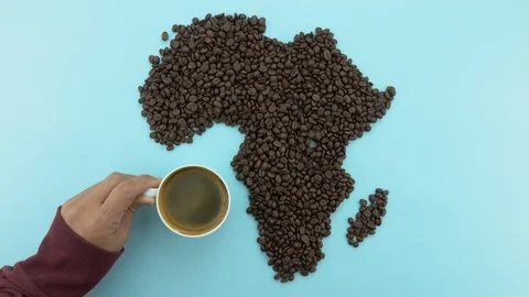 Map of the Africa made of roasted coffee beans with coffee cup Stock Footage 104795744