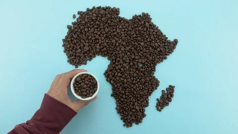 Map of the Africa made of roasted coffee beans with coffee cup Stock Footage 104796201