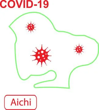 Map of Aichi labeled COVID-19. Green outline map on a white background. Stock Illustration