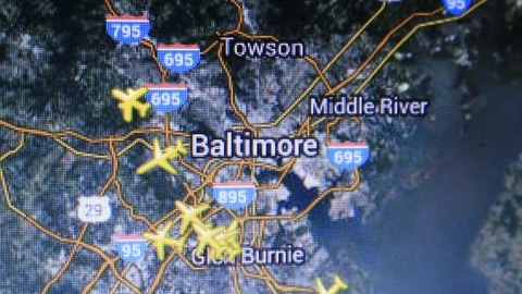Map of airplanes in the vicinity of Baltimore city on computer screen Stock Footage 87875898