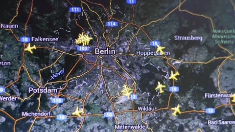 Map of airplanes in the vicinity of Berlin city on computer screen Stock Footage 86860305