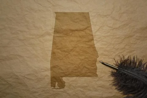 Map of alabama state on a old paper background with old pen Stock Photos