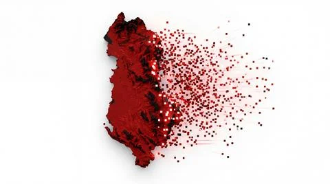 Map of albania dissolving into small red and black pixels on white background Stock Illustration