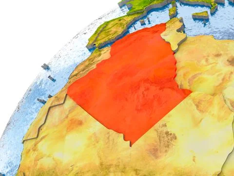 Map of Algeria in red on globe Stock Photos